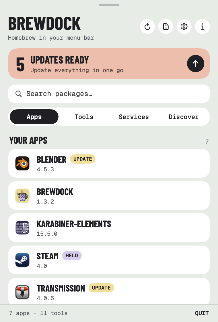 BrewDock's panel: an Updates ready banner above a list of installed apps with their icons