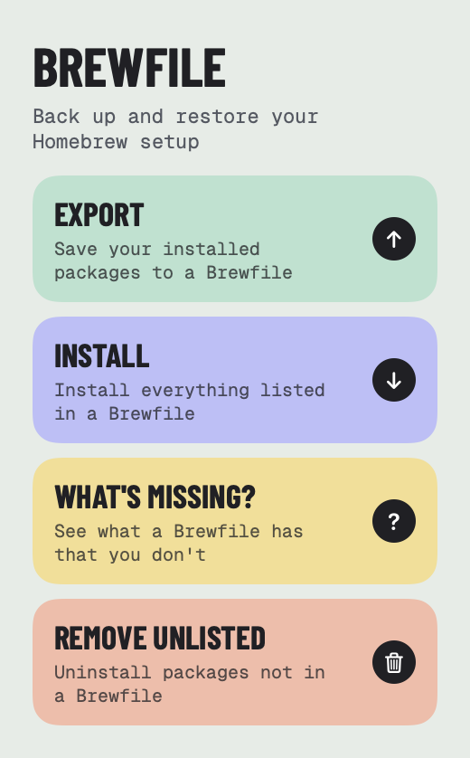 Brewfile options: export, install, what's missing and remove unlisted