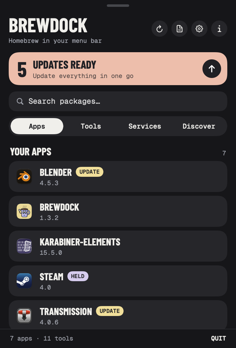 BrewDock's Apps tab in dark mode