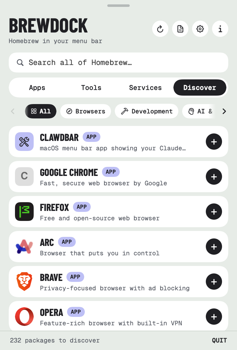 The Discover tab with category pills and install buttons