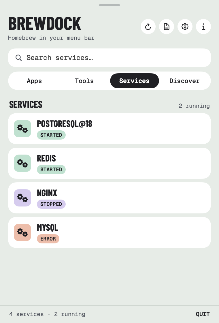 The Services tab: PostgreSQL and Redis started, nginx stopped, MySQL in error