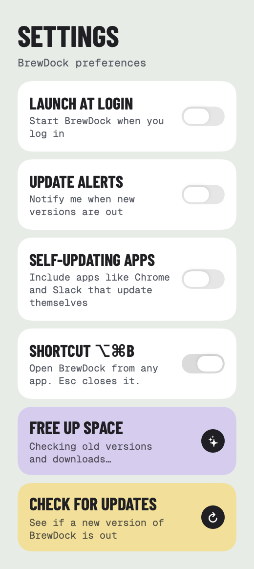 Settings: launch at login, update alerts, self-updating apps, the shortcut and Free up space