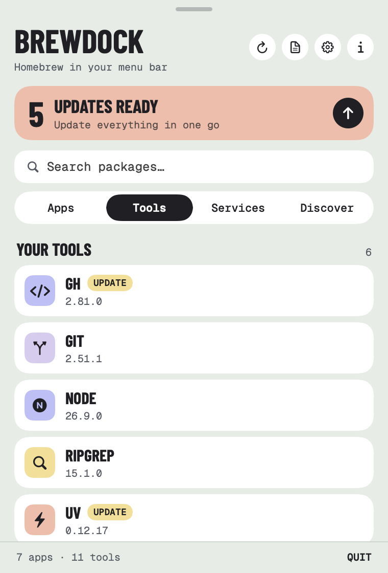 The Tools tab listing gh, git, node, ripgrep, uv and xcodegen