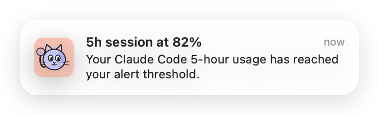 A notification: 5h session at 82%. Your Claude Code 5-hour usage has reached your alert threshold.