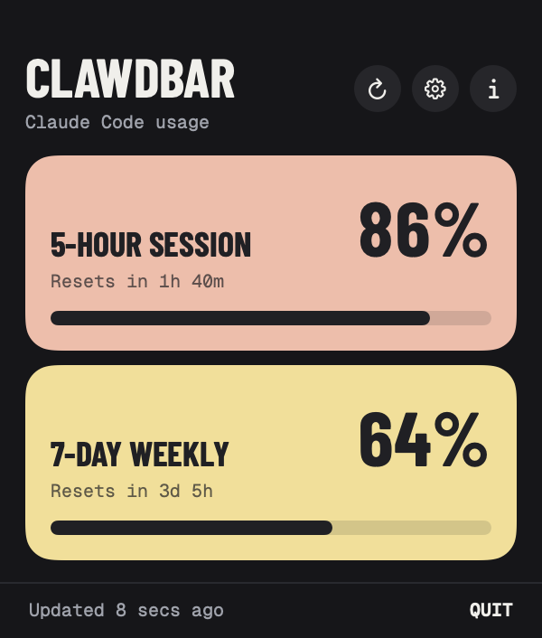 ClawdBar in dark mode with the session at 86% in peach and the week at 64% in butter