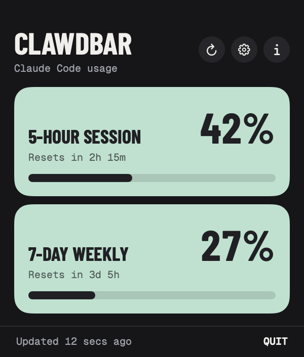 ClawdBar in dark mode