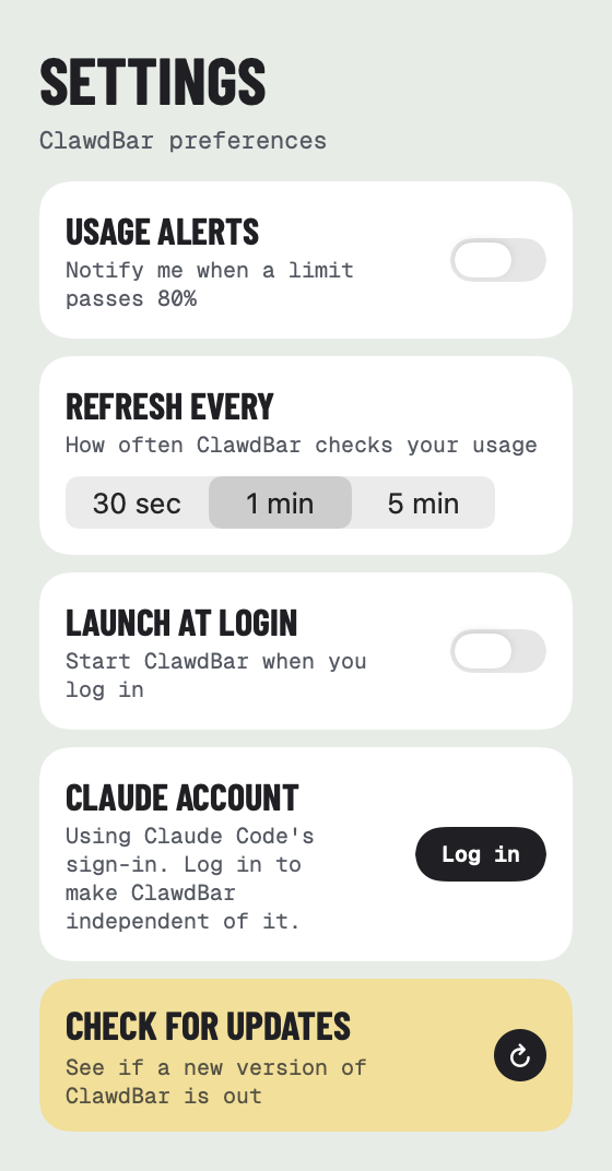 Settings: usage alerts, refresh interval, launch at login, Claude account and updates