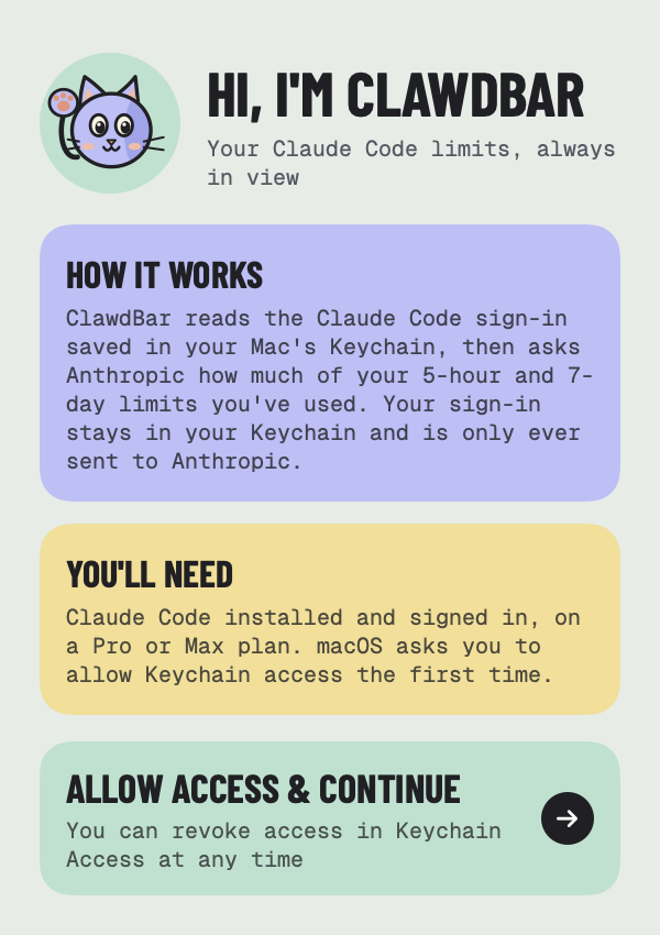 The welcome screen explaining how ClawdBar works and what it needs