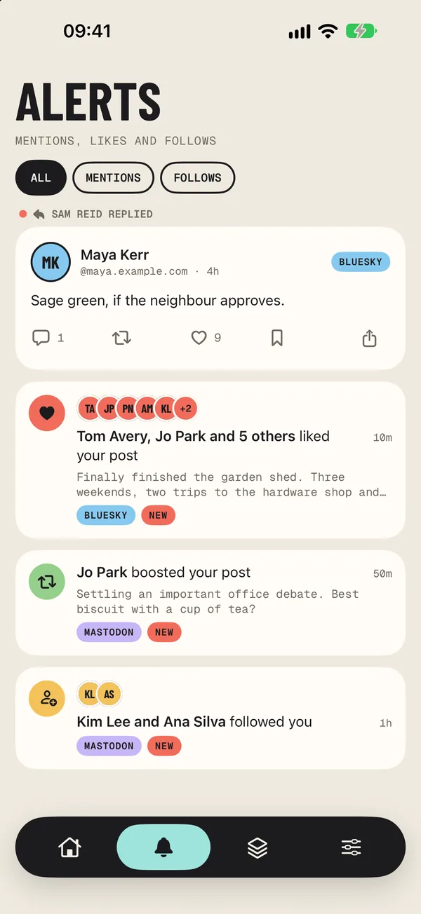 The Alerts tab with a reply, grouped likes, a boost and new followers