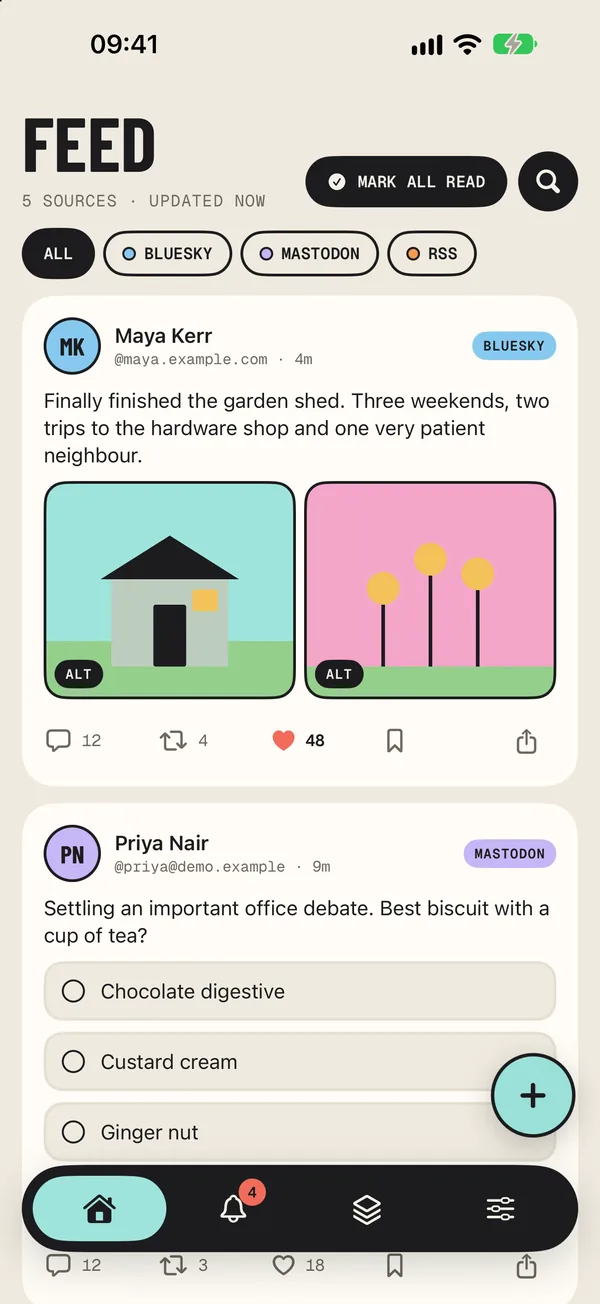 The Feedie timeline, mixing a Bluesky post with photos and a Mastodon poll, with filter pills for Bluesky, Mastodon and RSS