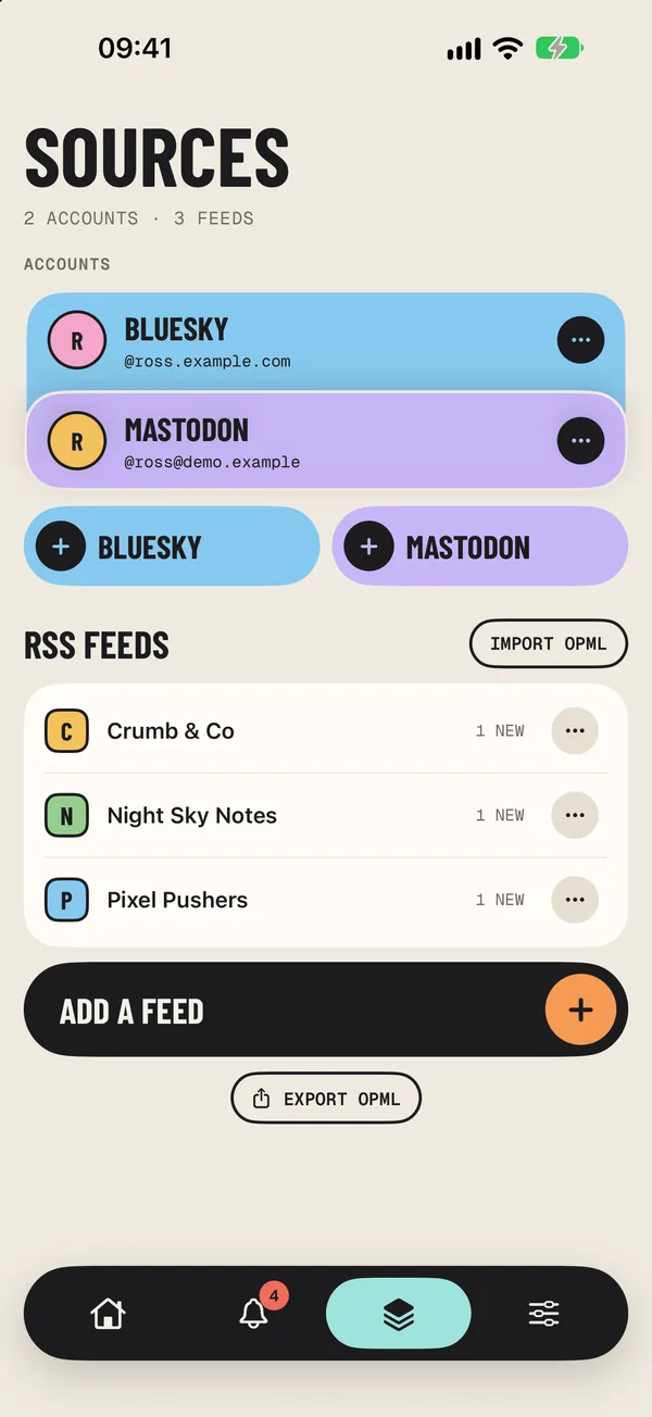 The Sources screen with a Bluesky and a Mastodon account, and three RSS feeds