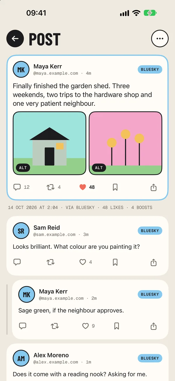 A Bluesky post about a garden shed with replies underneath