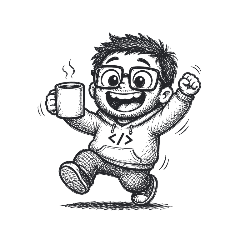 Illustration of Ross, mid-stride with a mug of coffee