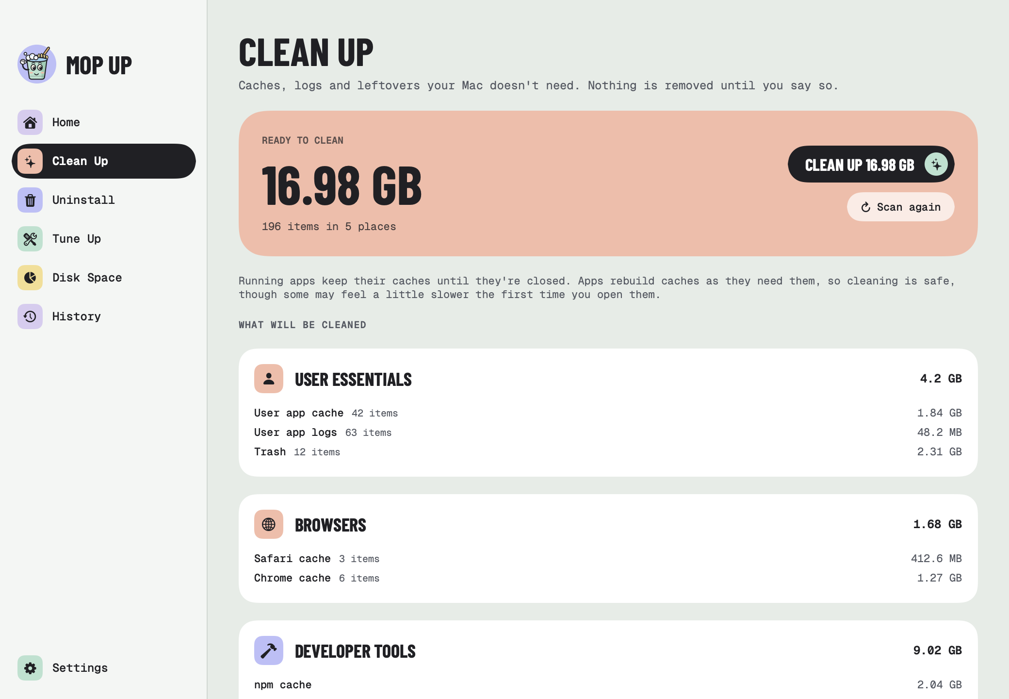 Clean Up showing 16.98 GB ready to clean across user caches, browsers and developer tools