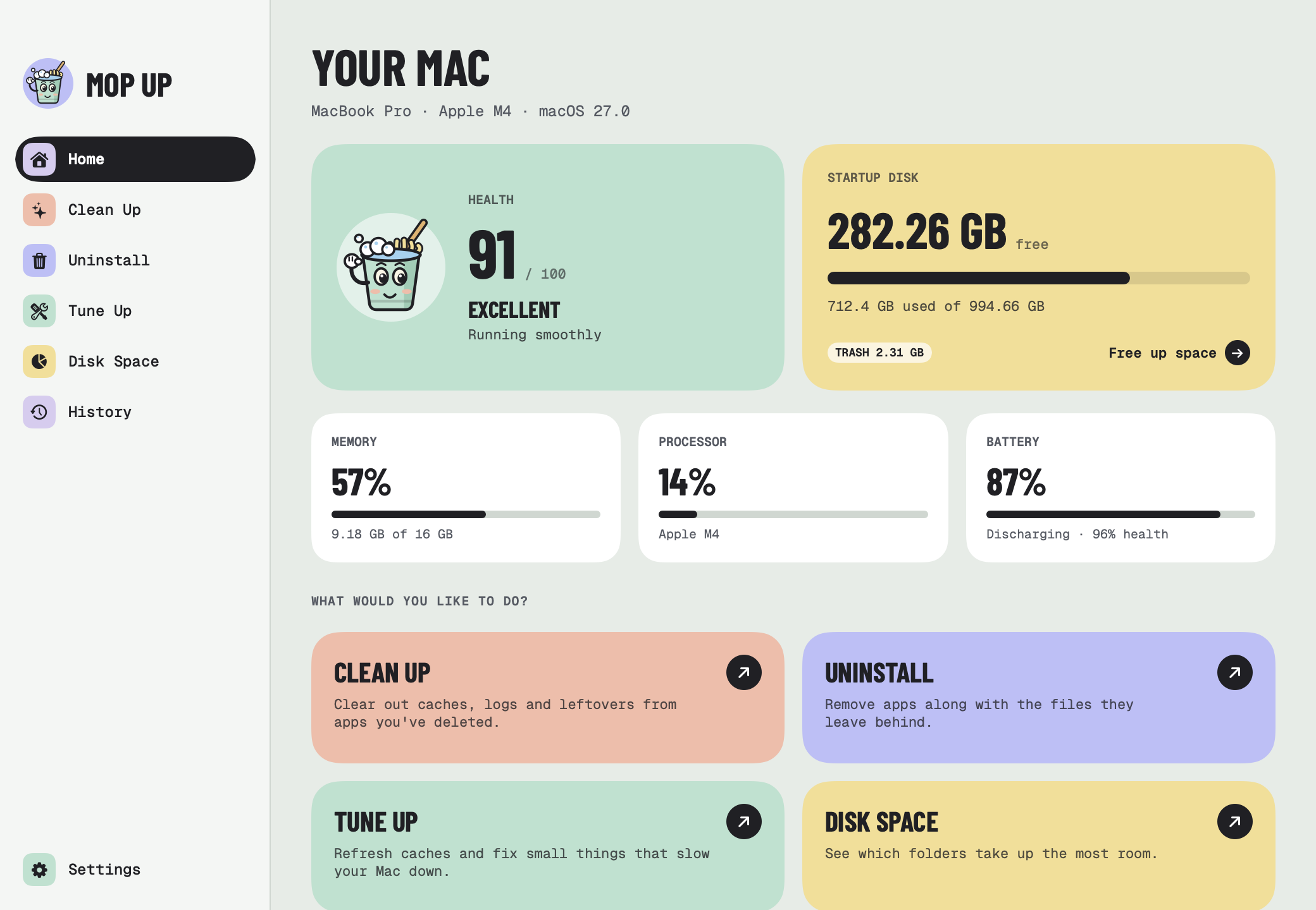Home: health 91 out of 100, 282 GB free, memory, processor and battery