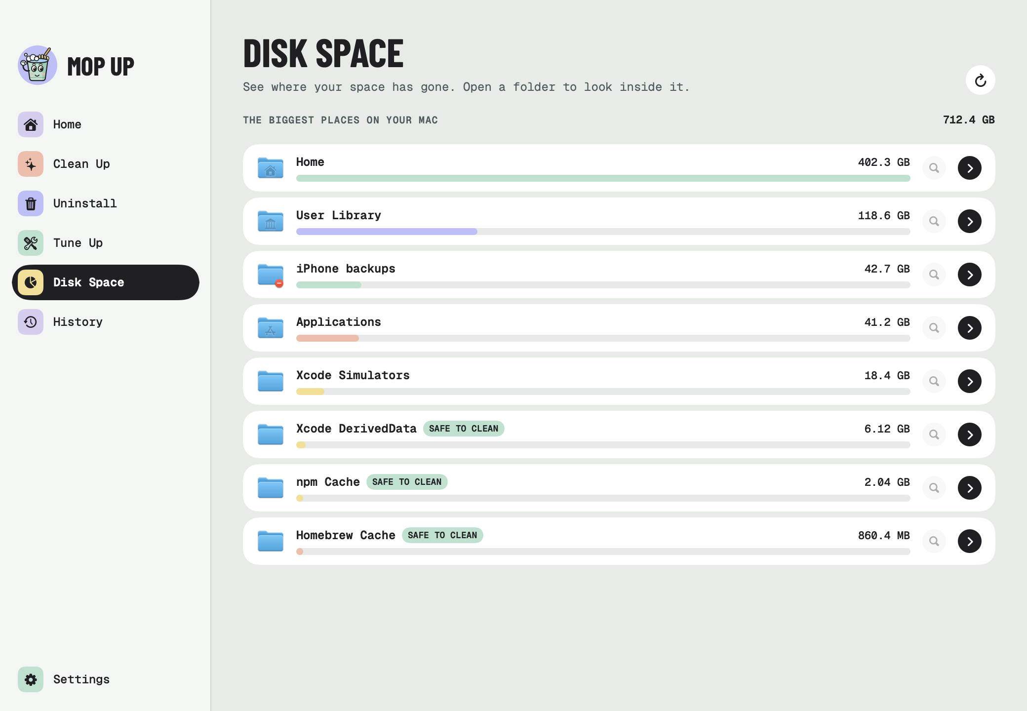 Disk Space listing the biggest folders, with Xcode DerivedData, npm and Homebrew caches marked safe to clean