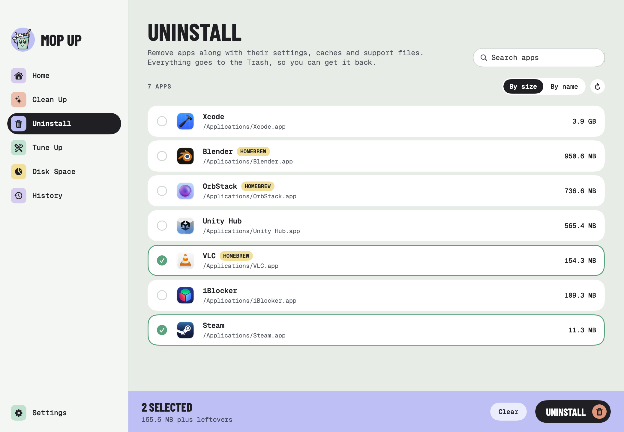 The Uninstall list sorted by size, with VLC and Steam selected