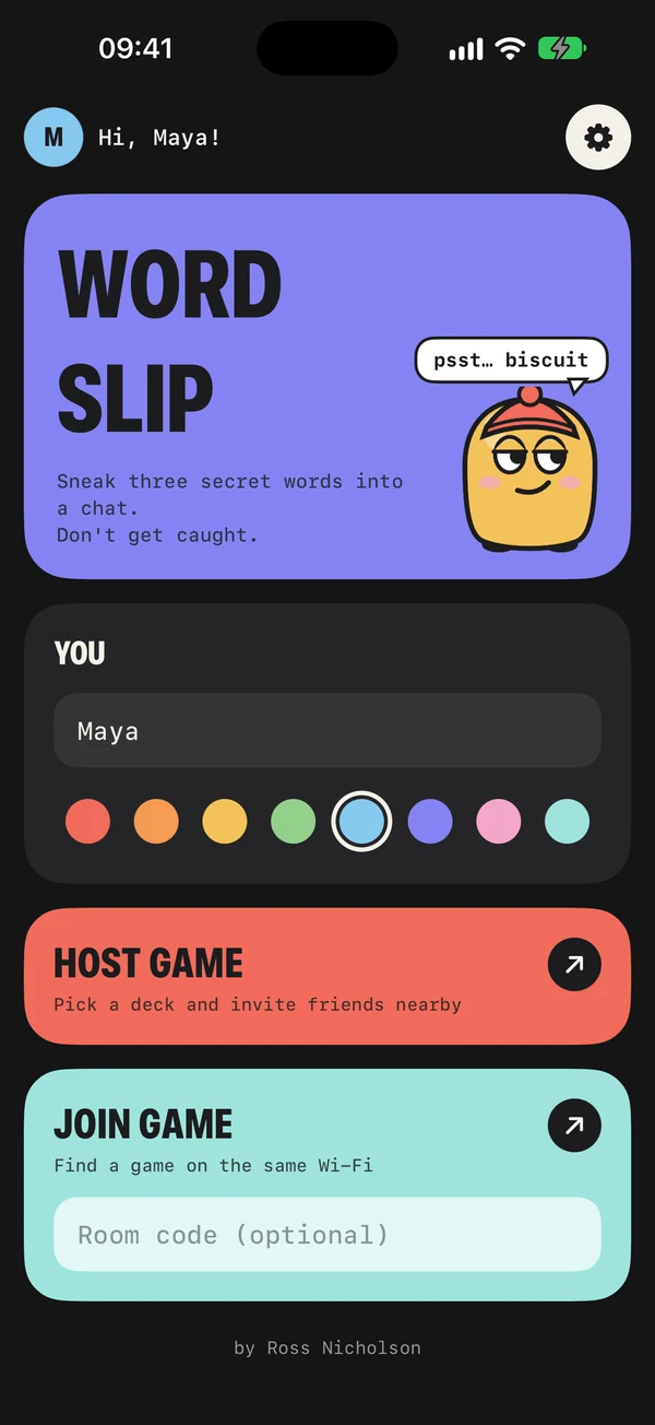 The Word Slip home screen, with the mascot, your name and colour, and buttons to host or join a game