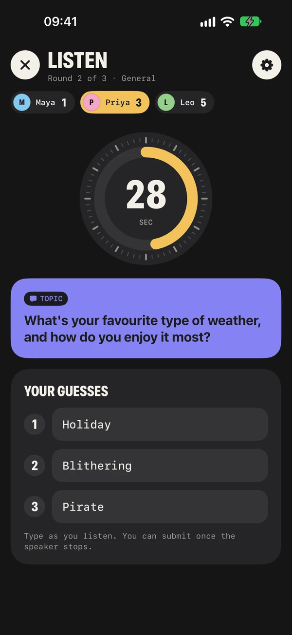 A listener's screen with three typed guesses