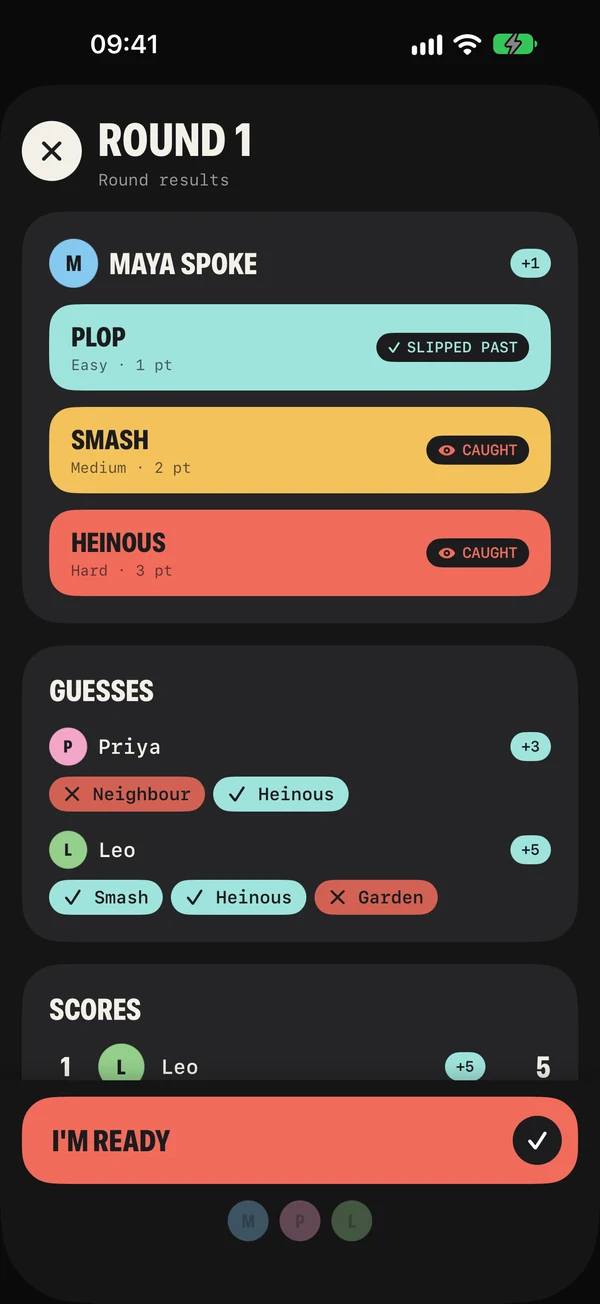 Round results showing which words were caught or slipped past, everyone's guesses and the scores