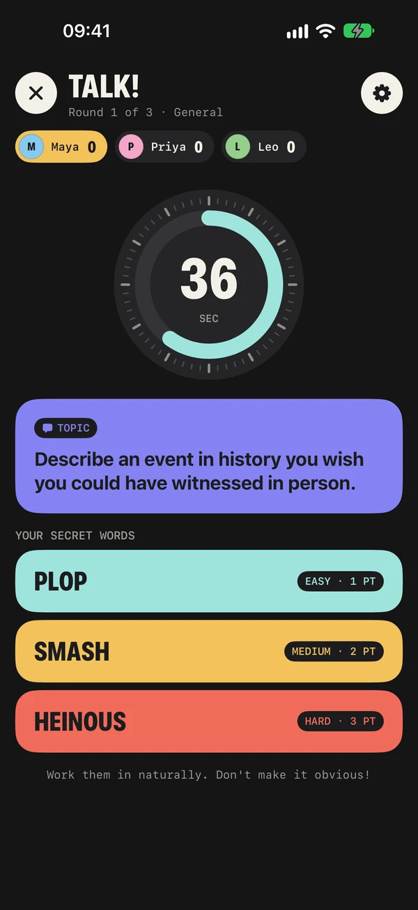 The speaker's screen with the topic and three secret words