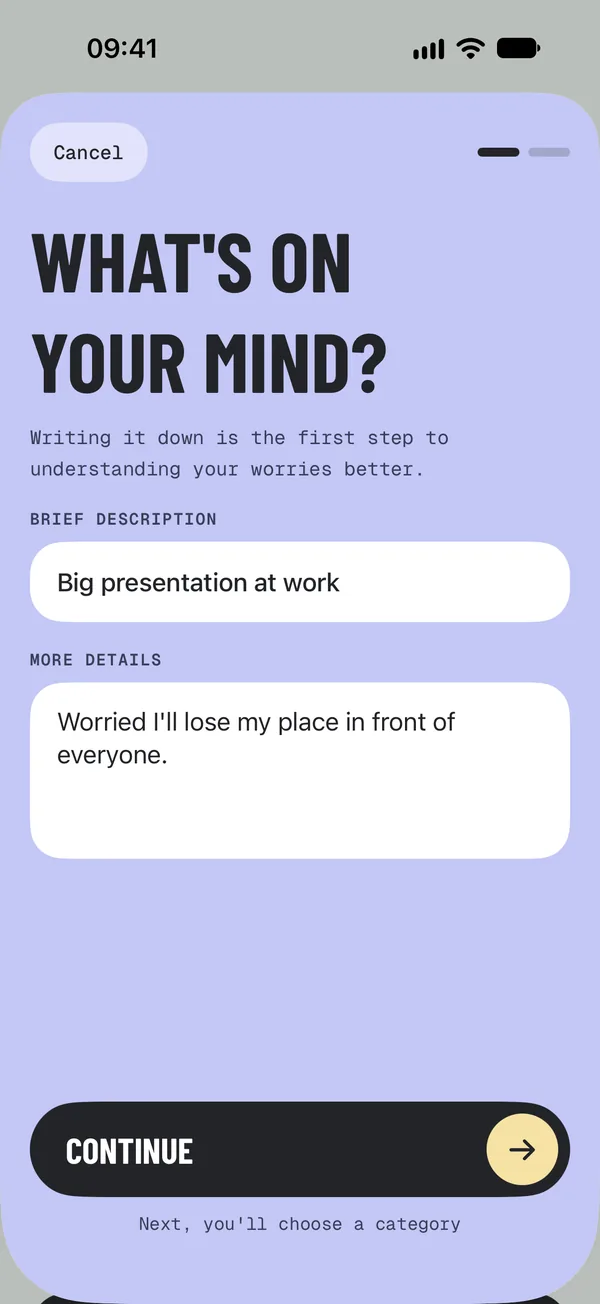The screen for writing down a new worry