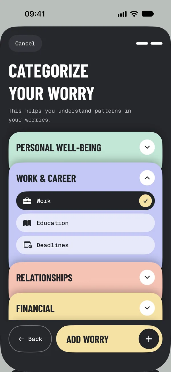 Choosing a category for a worry from stacked colour cards