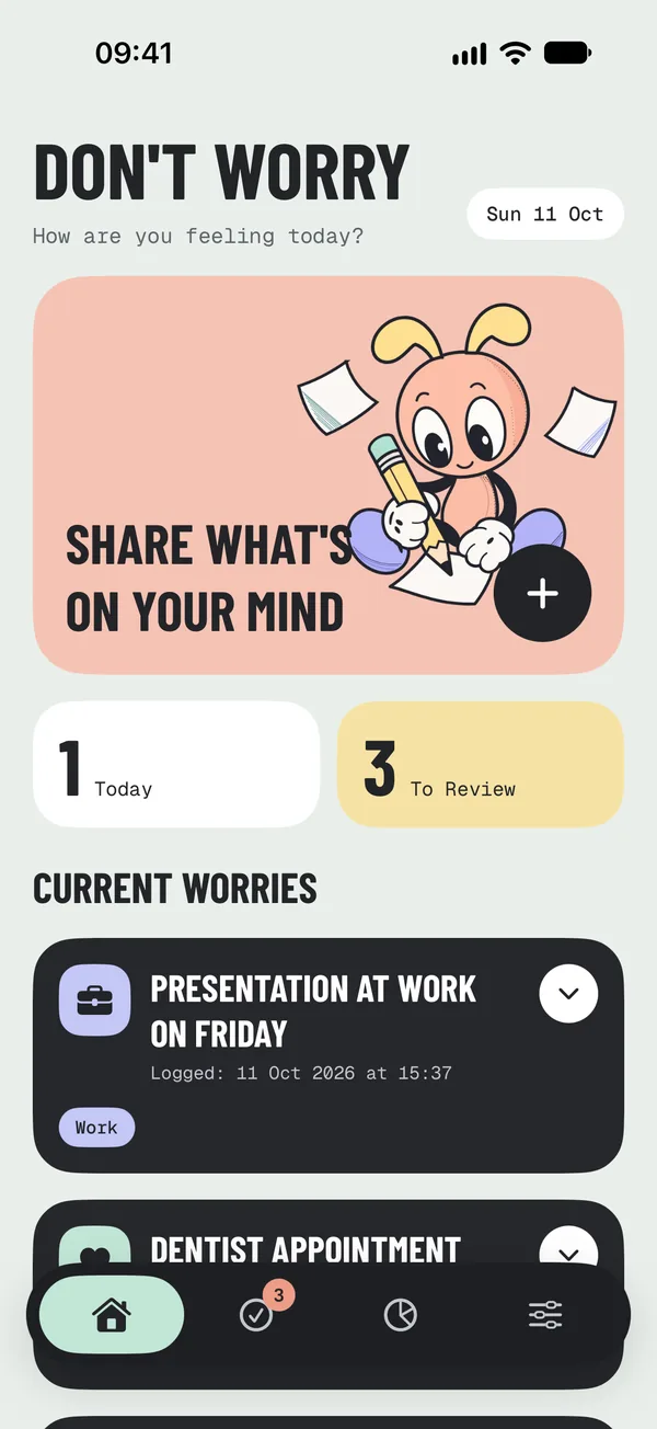 The Don't Worry home screen, showing a card to share what's on your mind and a list of current worries